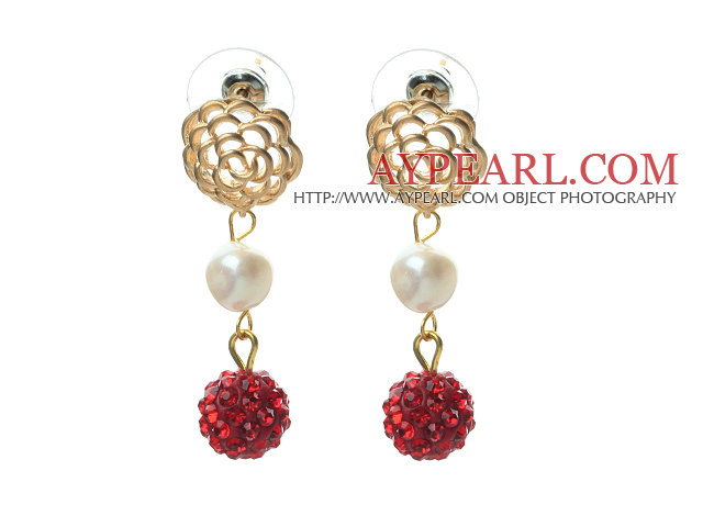 White Freshwater Pearl and Red Rhinestone Ball Dangle Studs Earrings