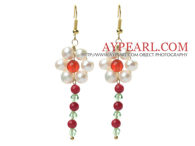 White Freshwater Pearl and Red Coral and Carnelian and Green Crystal Dangle Earrings