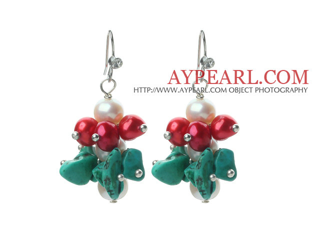 Nouveau design blanc perle d'eau douce et Red Pearl and Chips Turquoise Boucles d'oreilles en grappe