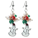 2013 Christmas Design White Pearl and Green Agate and Carnelian and Santa Claus Earrings