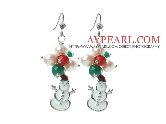 2013 Christmas Design White Pearl and Green Agate and Carnelian and Santa Claus Earrings