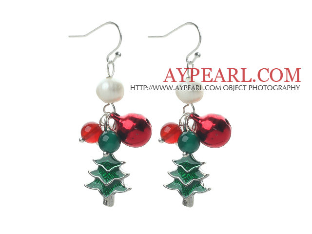 2014 Christmas Design White Pearl and Green Agate and Carnelian and Bell and Christmas Tree Charm Earrings