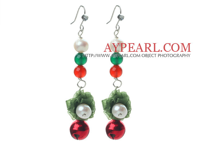 2013 Christmas Design White Pearl and Green Agate and Carnelian and Bell Dangle Earrings