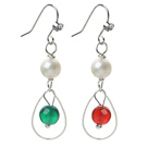 Fashion Style White Freshwater Pearl and Carnelian and Green Agate Dangle Earrings