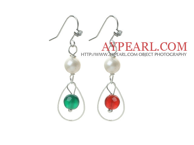 Fashion Style White Freshwater Pearl and Carnelian and Green Agate Dangle Earrings