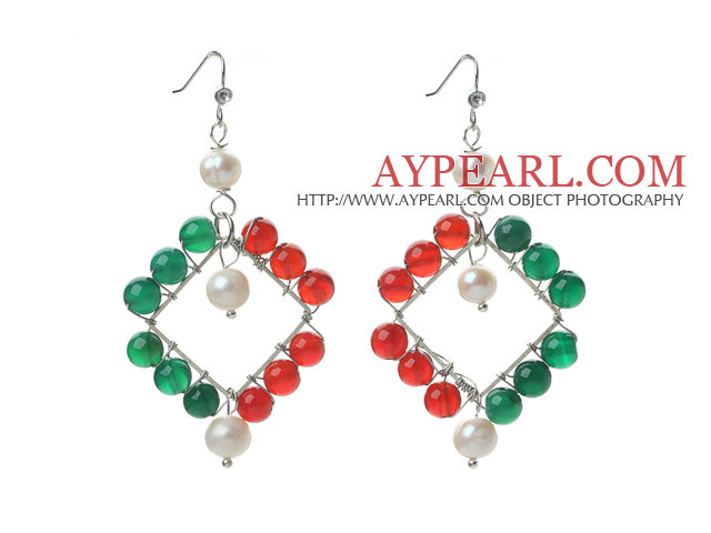 New Design White Pearl and Green Agate and Carnelian Rhombus Shape Earrings