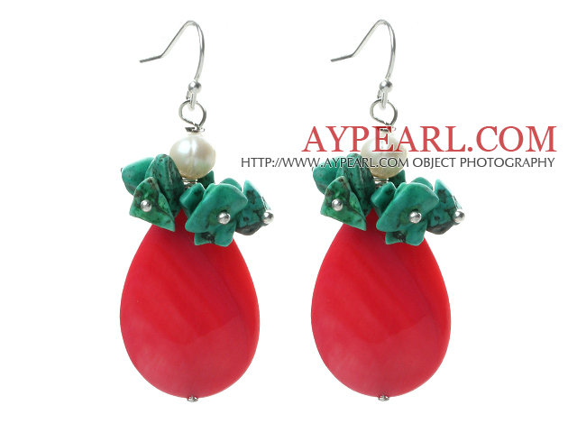 New Design Hot Pink Drop Shape Shell and Turquoise Chips and Pearl Earrings