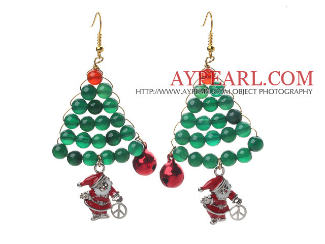 2013 Christmas Design Green Agate and Carnelian and Santa Claus Earrings