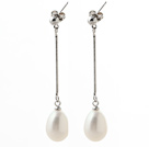 Elegant Style 10-11mm Teardrop Shape White Freshwater Pearl Dangle Earrings with Metal Chain