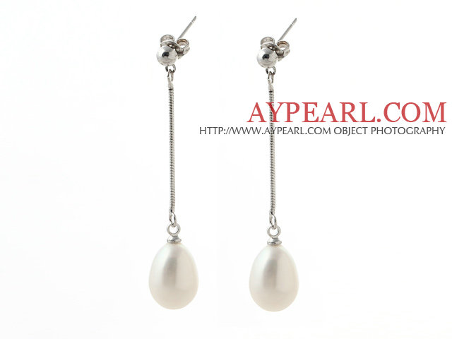 Elegant Style 10-11mm Teardrop Shape White Freshwater Pearl Dangle Earrings with Metal Chain