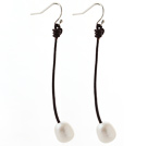Simple Style 10-11mm White Freshwater Pearl and Brown Leather Dangle Earrings