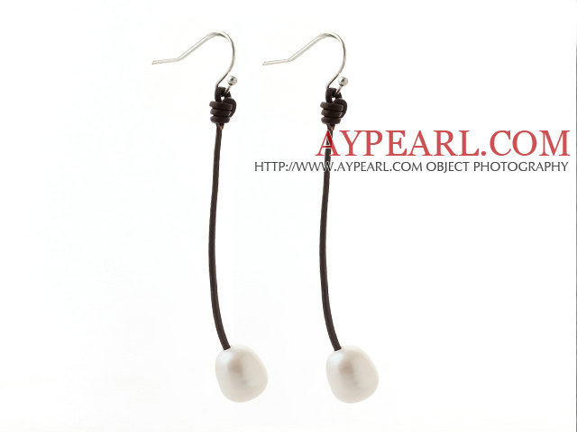 Simple Style 10-11mm White Freshwater Pearl and Brown Leather Dangle Earrings