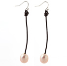 Simple Style 10-11mm Pink Freshwater Pearl and Brown Leather Dangle Earrings