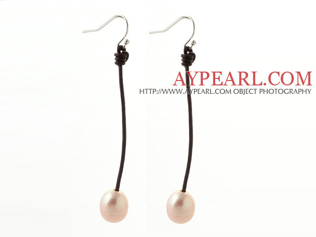 Simple Style 10-11mm Pink Freshwater Pearl and Brown Leather Dangle Earrings