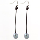 Style Simple 10 -11mm gris perle d'eau douce et de cuir brun Boucles d'oreilles