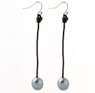 Simple Style 10-11mm Gray Freshwater Pearl and Brown Leather Dangle Earrings