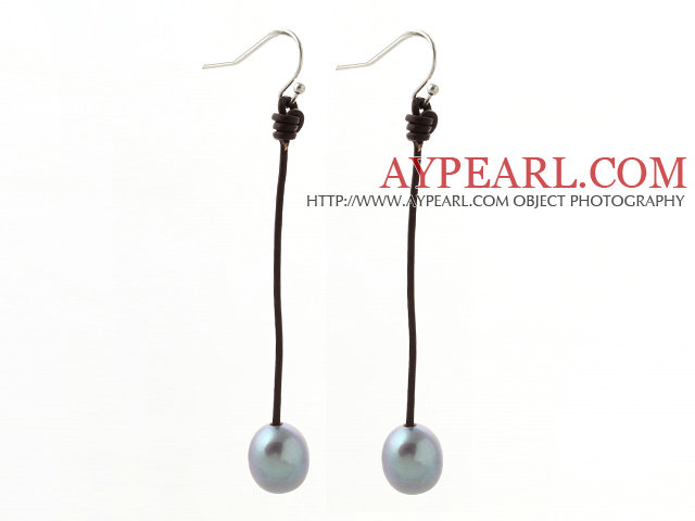 Simple Style 10-11mm Gray Freshwater Pearl and Brown Leather Dangle Earrings