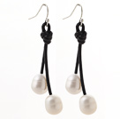 Classic Design 10-11mm White Freshwater Pearl and Black Leather Dangle Earrings