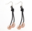 Classic Design 10-11mm Pink Freshwater Pearl and Black Leather Dangle Earrings