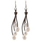 Elegant Style 10-11mm White Freshwater Pearl and Brown Leather Dangle Earrings