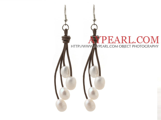 Elegant Style 10-11mm White Freshwater Pearl and Brown Leather Dangle Earrings