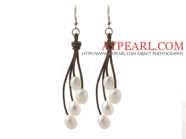 Elegant Stil de 10 - 11mm de apă dulce Pearl White și piele maro cercei legăna