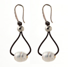 Simple Style 10-11mm White Freshwater Pearl and Brown Leather Earrings