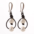 Simple Style 10-11mm White Freshwater Pearl and Brown Leather Earrings