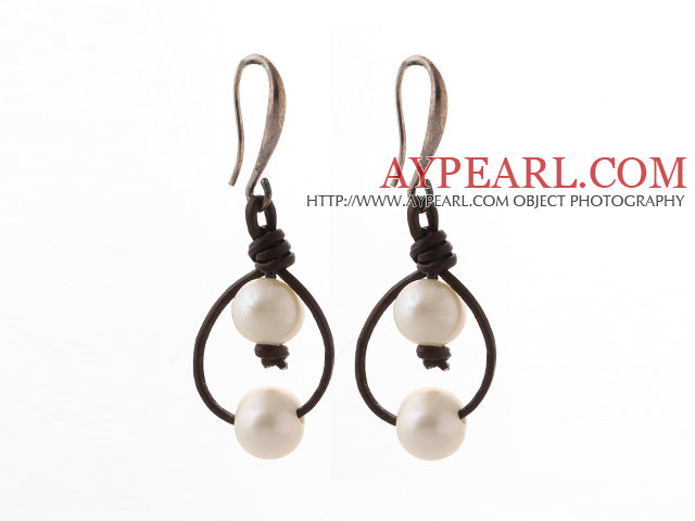 Simple Style 10-11mm White Freshwater Pearl and Brown Leather Earrings