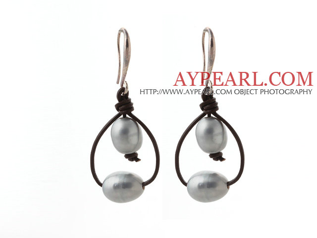 Simple Style 10-11mm Gray Freshwater Pearl and Brown Leather Earrings