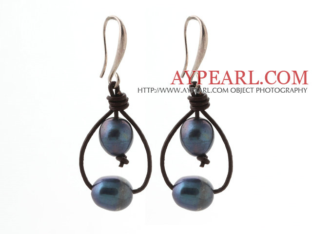 Simple Style 10-11mm Black Freshwater Pearl and Brown Leather Earrings