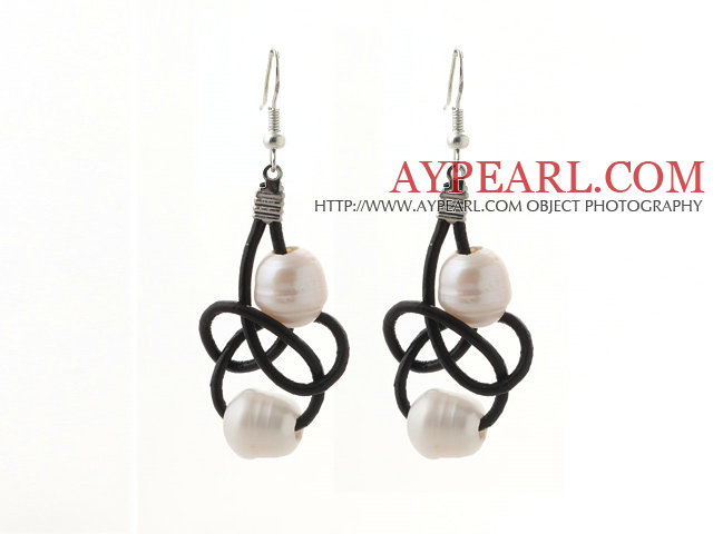 Elegant Style 10-11mm White Freshwater Pearl and Black Leather Earrings