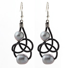 Elegant Style 10-11mm Gray Freshwater Pearl and Black Leather Earrings