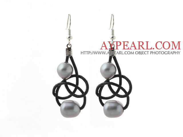 Elegant Style 10-11mm Gray Freshwater Pearl and Black Leather Earrings