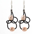 Elegant Style 10-11mm Pink Freshwater Pearl and Black Leather Earrings