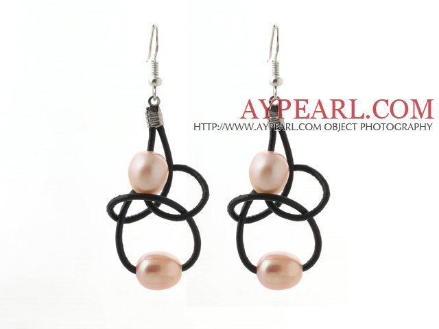 Elegant Style 10-11mm Pink Freshwater Pearl and Black Leather Earrings