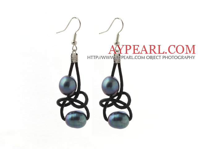 Elegant Style 10-11mm Black Freshwater Pearl and Black Leather Earrings