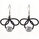 Fashion Style 10-11mm Gray Freshwater Pearl and Black Leather Earrings