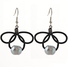 Wholesale Fashion Style 10-11mm Gray Freshwater Pearl and Black Leather Earrings