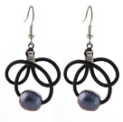 Fashion Style 10-11mm Black Freshwater Pearl Black Leather Earrings