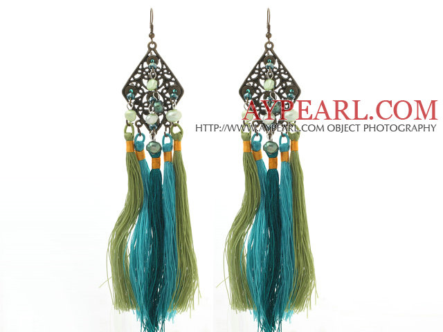 New Design Green and Blue Style Pearl Crystal Tassel Dangle Earrings