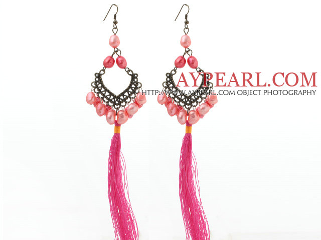 New Design Pink Series 8-9mm Baroque Pearl Tassel Dangle Earrings