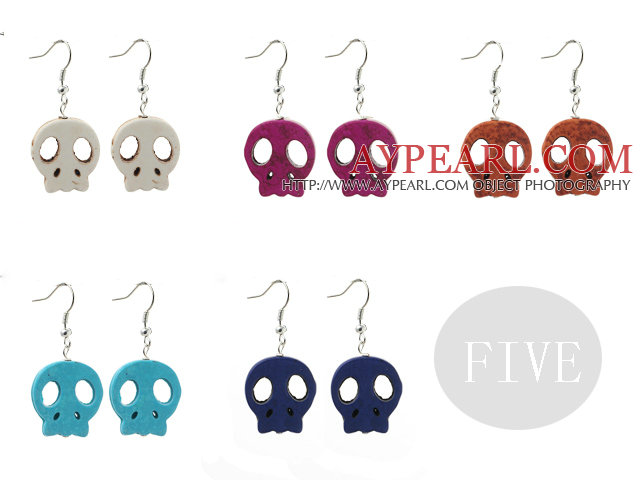 5 Pairs Multi Color Dyed Turquoise Skull Earrings ( Random Color )