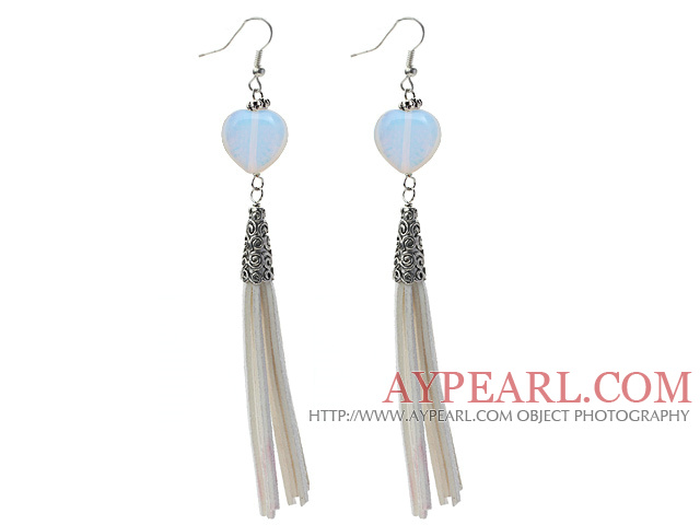 Long Style Heart Shape Opal Dangle Leather Tassel Earrings with White Leather Tassel