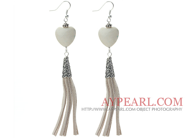 Long Style Heart Shape Howlite Dangle Leather Tassel Earrings with Gray Leather Tassel