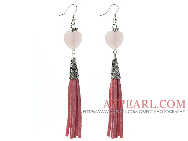 Long Style Heart Shape Rose Quartz Dangle Leather Tassel Earrings with Pink Leather Tassel