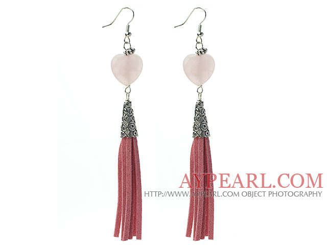 Longtemps Modèle Coeur Rose Quartz Dangle Boucles d'oreilles en cuir de gland avec le gland en cuir rose