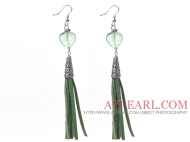 Long Style Heart Shape Rainbow Fluorite Dangle Leather Tassel Earrings with Green Leather Tassel