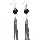 Long Style Heart Shape Black Agate Dangle Leather Tassel Earrings with Gray Leather Tassel