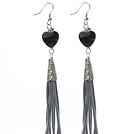 Wholesale Long Style Heart Shape Black Agate Dangle Leather Tassel Earrings with Gray Leather Tassel